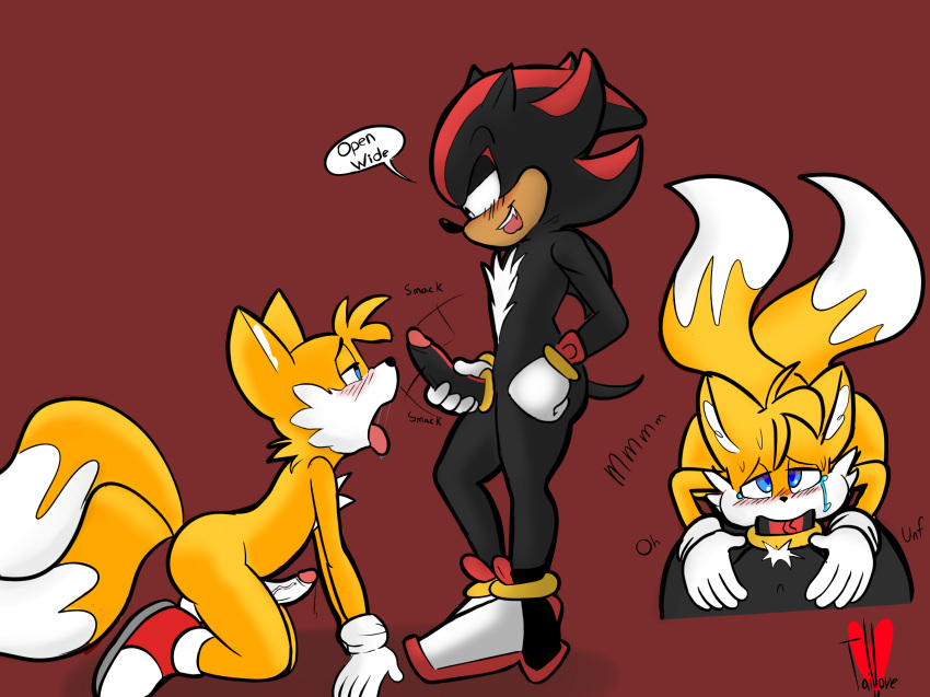 2boys anthro ass big_ass big_thighs blush deepthroat furry handjob kneel male male/male miles_"tails"_prower open_mouth oral sega sex shadow_the_hedgehog sonic_(series) taillove_(artist) teasing yaoi