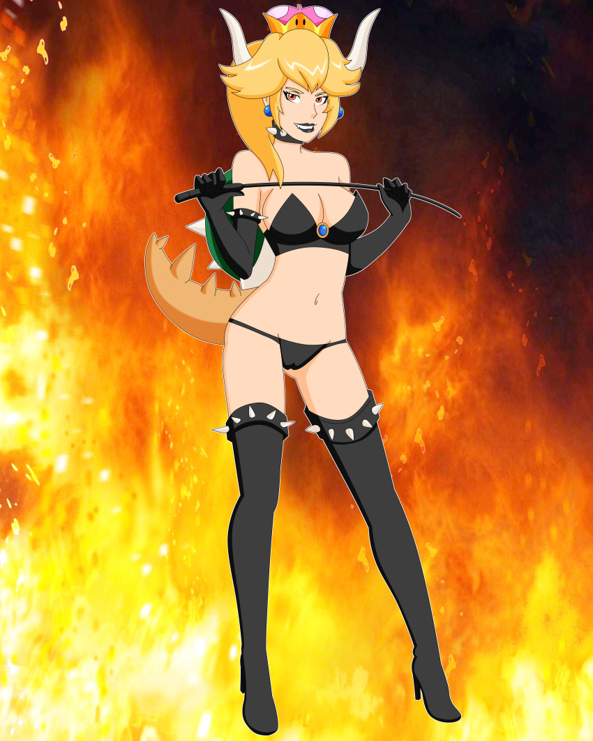 1girl big_breasts bowser bowsette breasts cameltoe cleavage female female_only pervyangel solo super_mario_bros. weapon whip