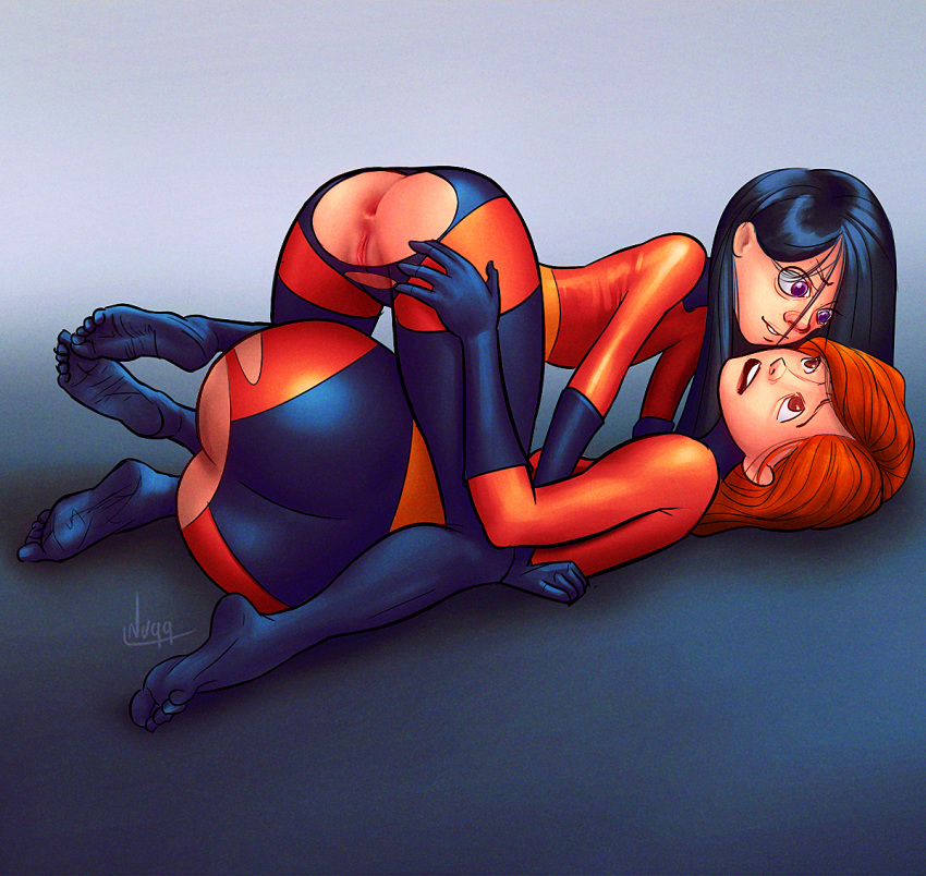 2girls anus ass gloves helen_parr incest mother_and_daughter shaved_pussy the_incredibles thighs torn_clothes violet_parr yuri