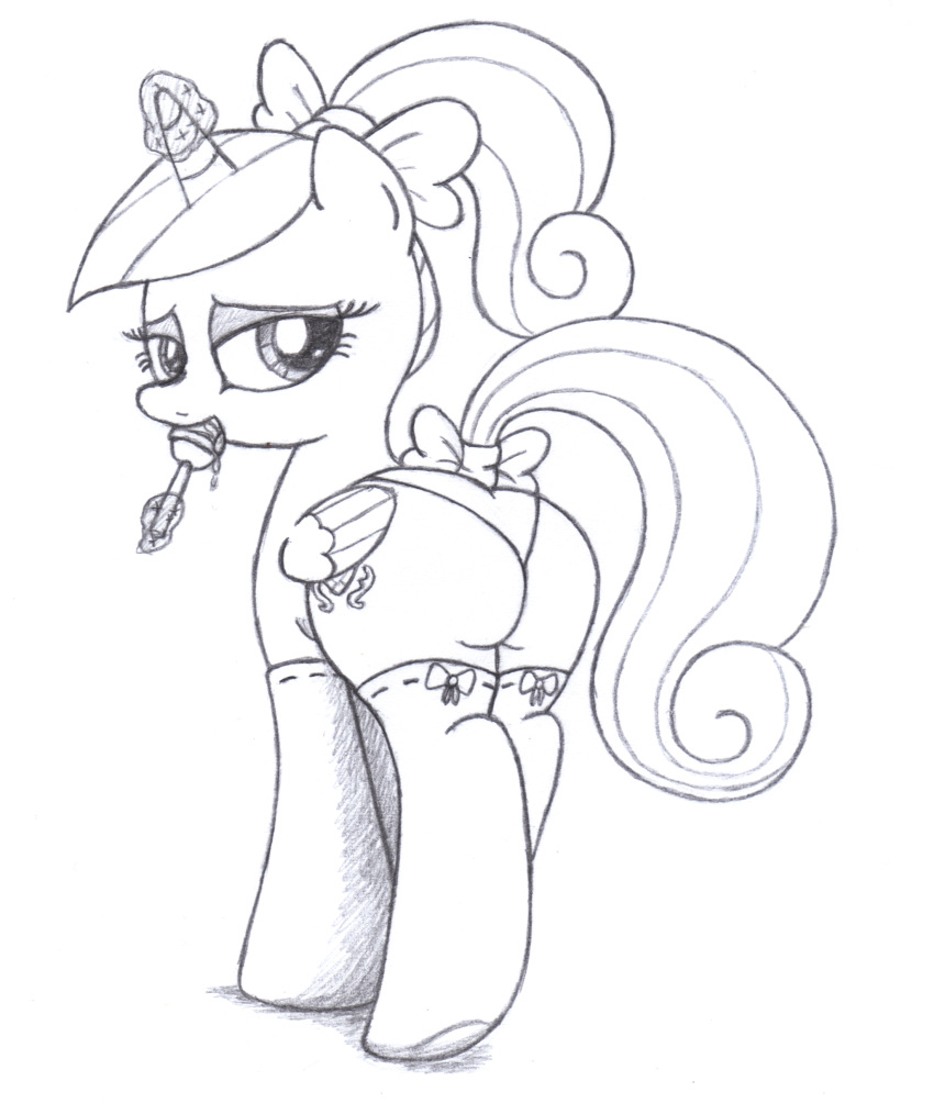 1girl alicorn an-tonio ass cutie_mark female female_only friendship_is_magic horn lollipop looking_at_viewer monochrome mostly_nude my_little_pony panties pony princess_cadance solo stockings tail wings