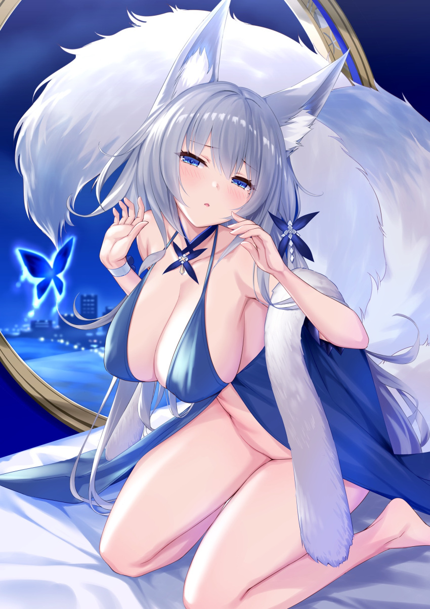 1girl animal_ear_fluff animal_ears azur_lane bare_shoulders big_breasts blue_butterfly blue_collar blue_dress blue_eyes bottomless breasts bug butterfly cleavage collar dress evening_gown feather_boa halter_dress halterneck indoors insect kitsune kitsunemimi kyuubi large_tail long_hair multiple_tails nopan official_alternate_costume shinano_(azur_lane) shinano_(light_of_the_hazy_moon)_(azur_lane) sigma_rio silver_hair sleeveless sleeveless_dress tail very_long_hair white_tail