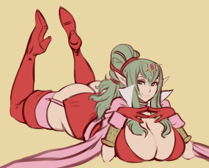 1girl ass breasts chiki cleavage fire_emblem fuckable full_body green_eyes green_hair hot huge_breasts insanely_hot live_for_the_funk long_hair looking_at_viewer lying naughty_face nintendo no_bra no_panties on_stomach pointy_ears seductive_smile sexy smile the_pose