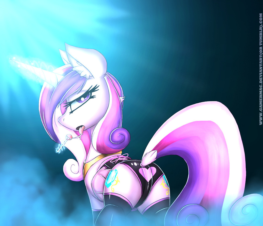 1girl alicorn ass cutie_mark female female_only friendship_is_magic gamermac gamermac_(artist) horn lingerie lollipop looking_at_viewer my_little_pony partially_clothed pony princess_cadance saliva_string solo tail three-tone_hair wings