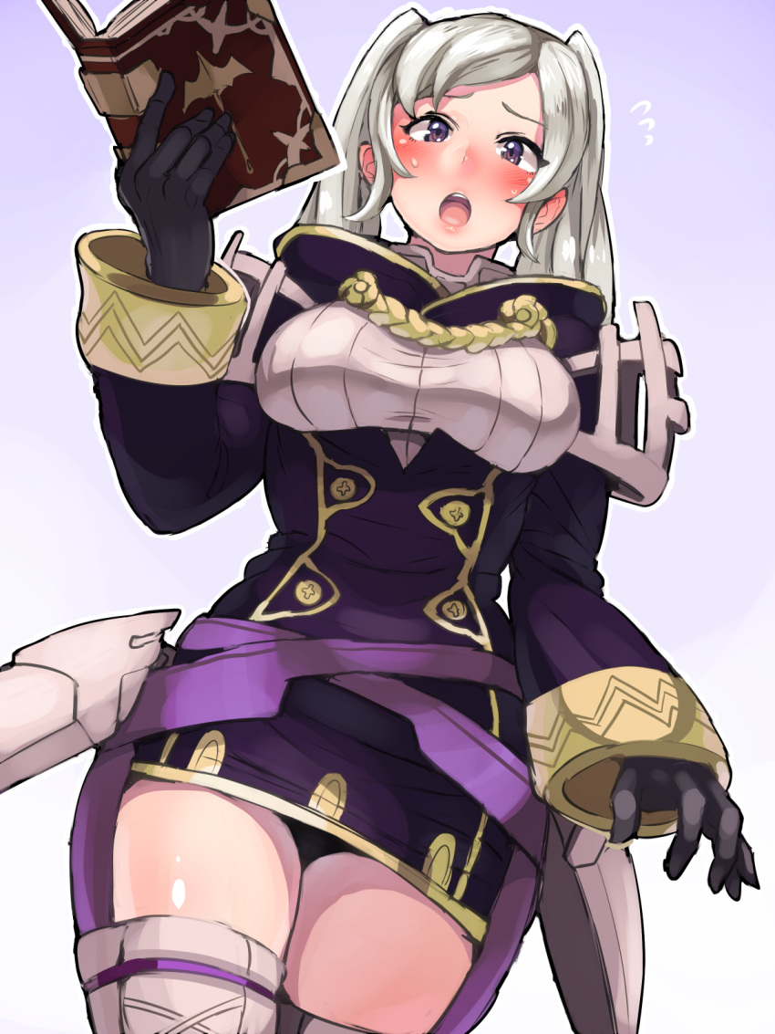 1girl alluring big_breasts blue_background blue_eyes blush book boris_(noborhys) clothing fire_emblem fire_emblem:_awakening looking_at_viewer mouth_open my_unit open_mouth robin_(fire_emblem) robin_(fire_emblem)_(female) stockings thick_thighs white_background white_hair