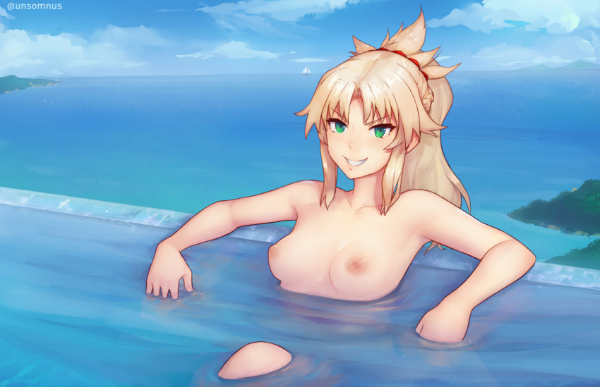 1girl 1girl 1girl areola arm_rest armpits beach blonde blue_sky blurry boat breasts clavicle depth_of_field fate/grand_order fate_(series) green_eyes island looking_at_viewer medium_breasts mordred_(fate) mordred_(swimsuit_rider) nipples nude ocean partially_submerged ponytail pool sitting sky smile tied_hair unsomnus upper_body water watercraft