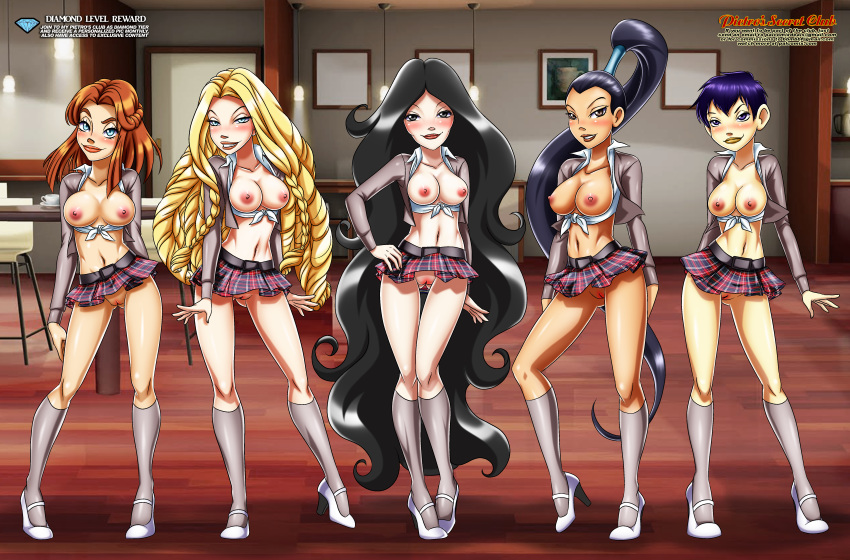 5_girls 5girls breasts cassidy exposed_breasts halinor high_heels kadma looking_at_viewer nerissa no_bra no_panties palcomix partially_clothed pussy short_skirt skirt standing w.i.t.c.h. yan_lin