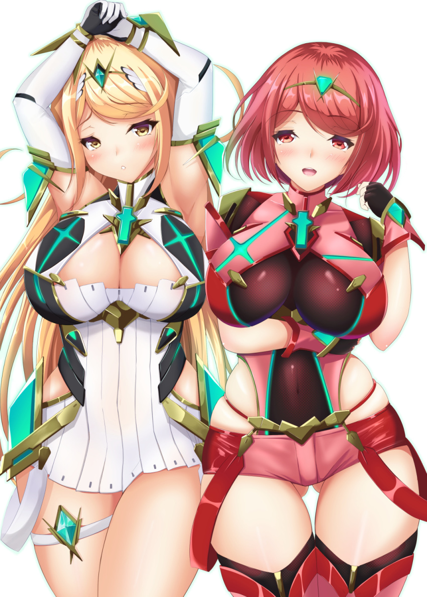 2_girls alluring arms_up bangs blonde_hair breasts cleavage cleavage_cutout fingerless_gloves hair_ornament large_breasts looking_at_viewer multiple_girls mythra nintendo open_mouth pyra red_eyes red_hair shorts skindentation thigh_gap thigh_strap thighs xenoblade xenoblade_(series) xenoblade_chronicles_2