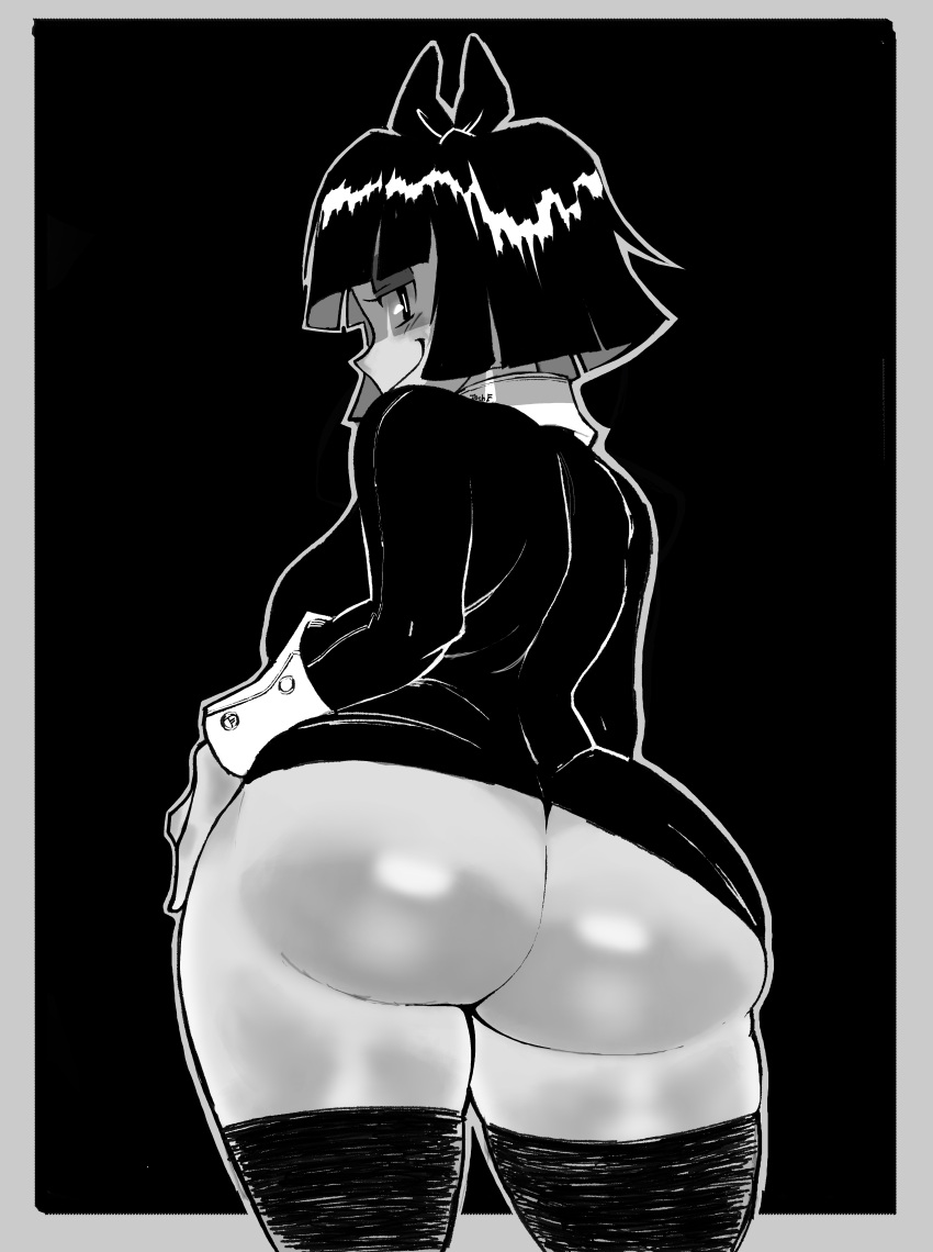 bald big_ass big_breasts bottomless creepy_susie goth looking_at_viewer no_panties ribbon seductive seductive_smile stockings the_oblongs thick_thighs thighs white_skin wig