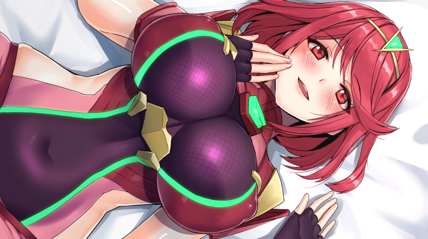 1girl alluring bangs big_breasts blush breasts cleavage covered_navel fingerless_gloves hair_ornament hand_on_own_cheek heroine looking_at_viewer lying_down nintendo nipple_bulge pyra red_eyes red_hair short_hair swept_bangs xenoblade xenoblade_(series) xenoblade_chronicles_2