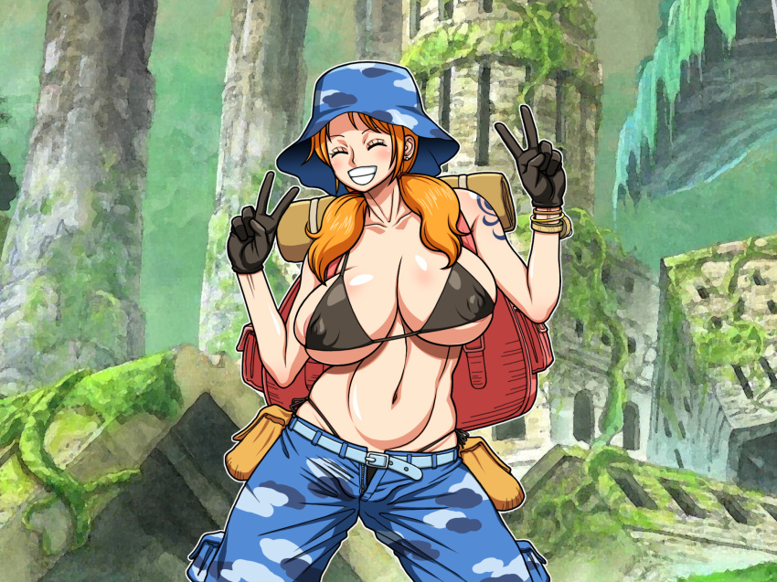 1girl arms backpack bangs belly belt big_breasts big_chest black_gloves bra bracelet bracelets breasts chest cleavage clenched_teeth closed_eyes double_v elbow elbows erect_nipples erect_nipples_under_clothes eyebrows eyelashes female female_only forehead garou_damenade gloves hat headwear huge_breasts nami nipples one_piece orange_hair pouch redhead ruins shoulders smile solo solo_female stomach tattoo teeth unzipped unzipped_pants v