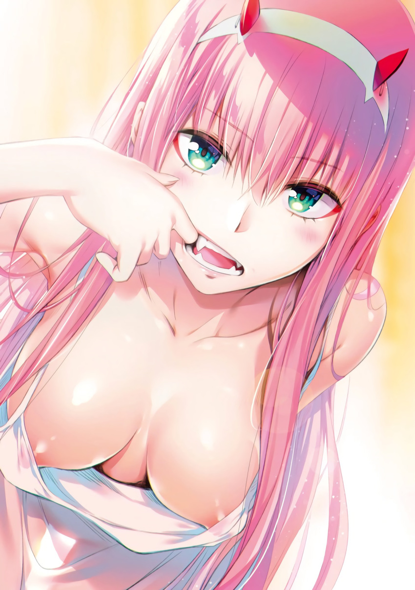 1girl 1girl 1girl areola armpits bare_shoulders big_breasts blush breasts clavicle cleavage cowboy_shot darling_in_the_franxx down_blouse dress dutch_angle erect_nipples eyebrows_visible_through_hair eyeliner fangs finger_in_mouth green_eyes hair_between_eyes hairband high_resolution horns leaning_forward long_hair looking_at_viewer lossy-lossless makeup medium_breasts monster_girl mouth_pull mouth_stretching nipples no_bra open_mouth pink_hair presenting_mouth red_horns see-through see-through_silhouette sidelocks sleeveless sleeveless_dress teeth tongue white_dress white_hair_ornament white_hairband yabuki_kentarou zero_two_(darling_in_the_franxx)