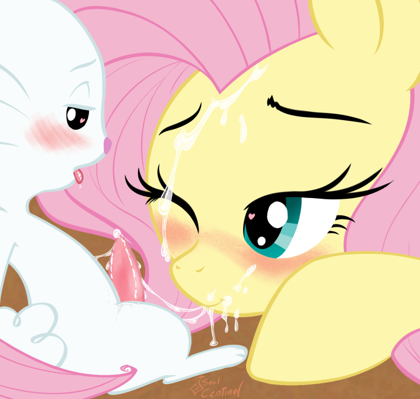 1girl after_fellatio angel_(mlp) blush cum cum_on_face cumstring erection female_pegasus fluttershy fluttershy_(mlp) friendship_is_magic heart_eyes interspecies looking_at_each_other my_little_pony one_eye_closed pegasus penis pony rabbit soulcentinel