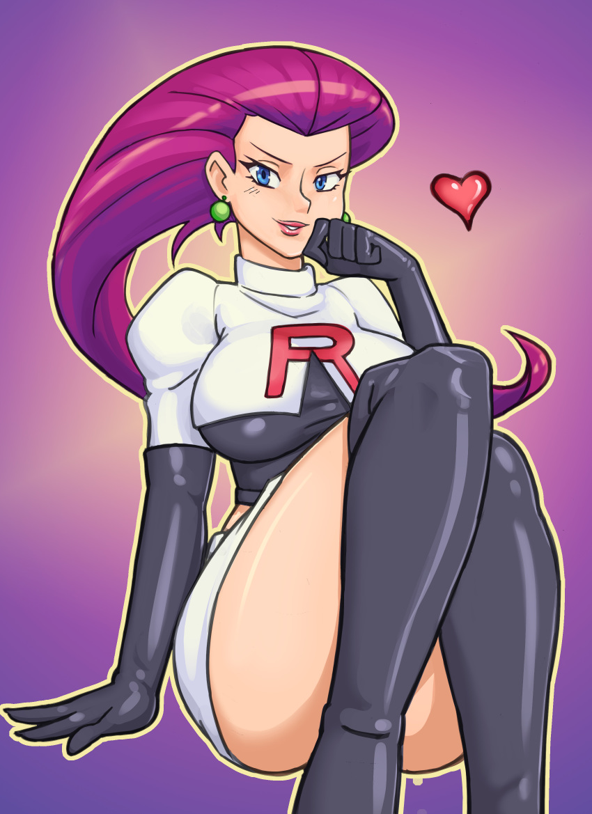 1girl big_breasts blue_eyes breasts earrings female female_only hand_to_own_mouth heart jessie_(pokemon) large_breasts legs long_hair musashi_(pokemon) nauth nauth_le_roy nauthleroy pokemon pokemon_(anime) pokemon_(game) purple_hair sitting smile solo_female team_rocket thigh_high_boots thighs