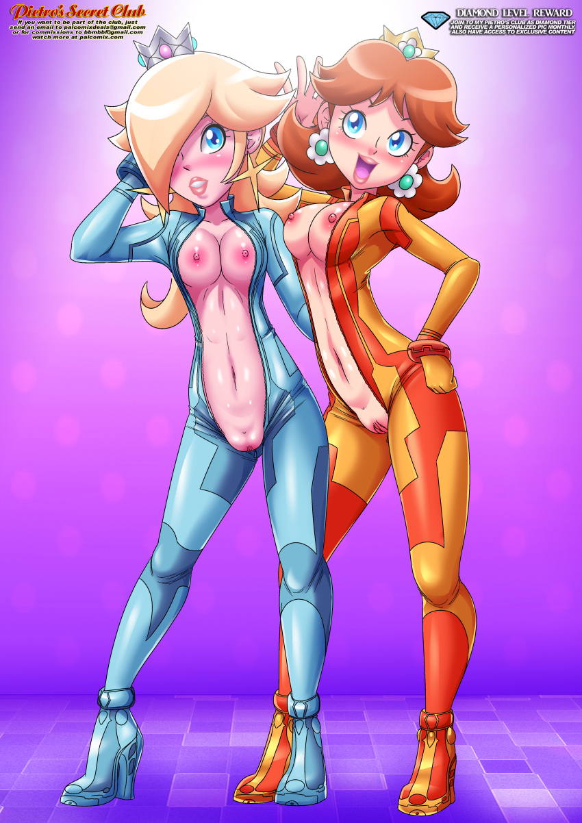 2_girls bbmbbf blue_eyes blush bodysuit breasts crown earring female_only full_body hair_over_one_eye high_heels mario_kart mario_kart* navel nintendo no_bra no_panties open_bodysuit palcomix partially_clothed pietro's_secret_club princess_daisy princess_rosalina pussy smile standing super_mario_bros. unzipped