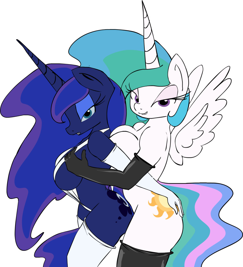 2014 2girls anthro ass breasts butt_grab clothing equine female/female friendship_is_magic furry grope hand_on_butt horn looking_at_viewer mammal my_little_pony princess_celestia princess_luna rubber side_boob simple_background swimsuit wedgie white_background winged_unicorn wings zev