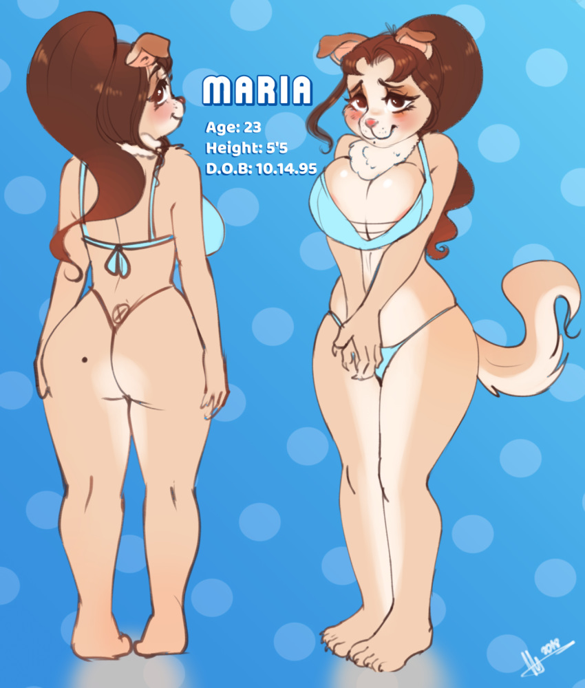 1girl animal_ears anthro big_breasts blush bra breasts brunette character_sheet dog dog_ears looking_back mrscurlystyles original original_character ponytail tail thong