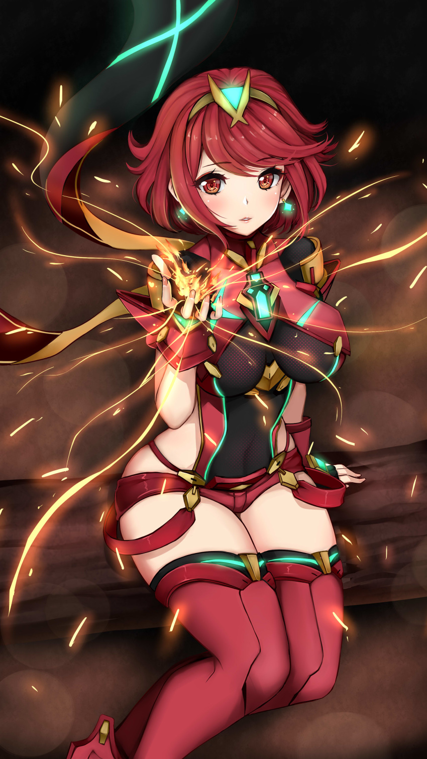 1girl alluring arm_support armor bangs big_breasts breasts curvy earrings fingerless_gloves fire gloves hair_ornament heroine large_breasts legs looking_at_viewer looking_up magic nintendo open_mouth pyra red_eyes red_hair short_hair short_shorts shorts sitting thigh_high_boots xenoblade xenoblade_(series) xenoblade_chronicles_2 zettai_ryouiki