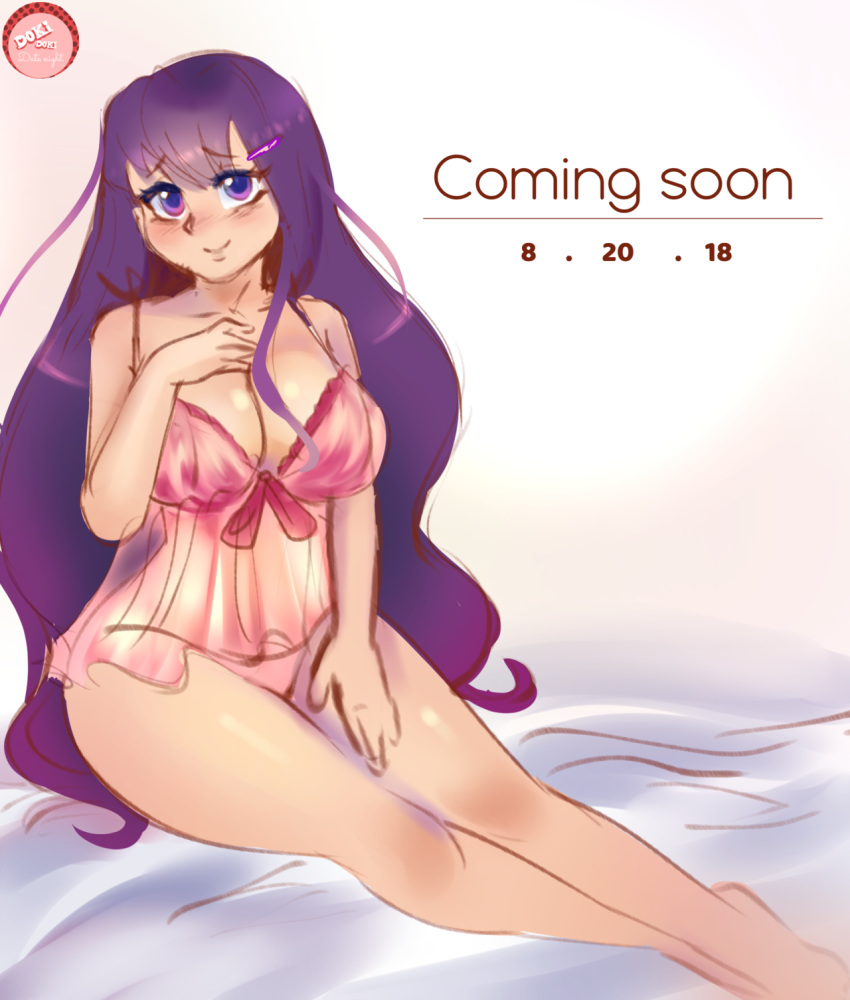 1girl bed doki_doki_literature_club lingerie mrscurlystyles purple_hair yuri_(doki_doki_literature_club)