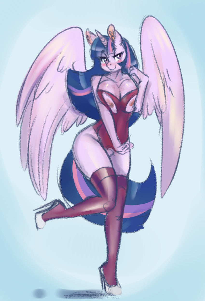 1girl alicorn animal_ears anthro breasts friendship_is_magic high_heels horn large_breasts long_hair mrscurlystyles my_little_pony nipples thighhighs twilight_sparkle wings