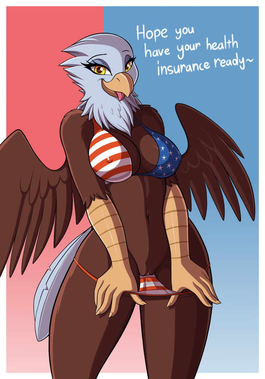 1girl 2018 absurd_res american_flag_bikini anthro avian bald_eagle beak bikini bird breasts brown_feathers clothing dialogue digital_media_(artwork) drako1997 eagle english_text eyelashes feathered_wings feathers furry healthcare_eagle high_res looking_at_viewer navel nipple_bulge non-mammal_breasts pussy stars_and_stripes swimsuit text tongue tongue_out united_states_of_america white_feathers wings yellow_beak yellow_eyes