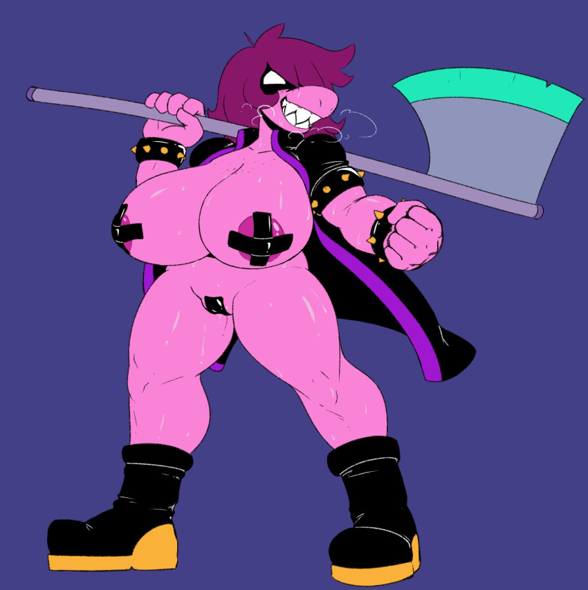 1girl anthro anthro_only axe big_breasts boots breasts deltarune female_anthro female_only first_porn_of_character nipple_tape pasties reiduran simple_background solid_color_background solo solo_female susie_(dark_world_form) susie_(deltarune) tape_on_pussy taped_nipples taped_pussy undertale_(series) video_games weapon