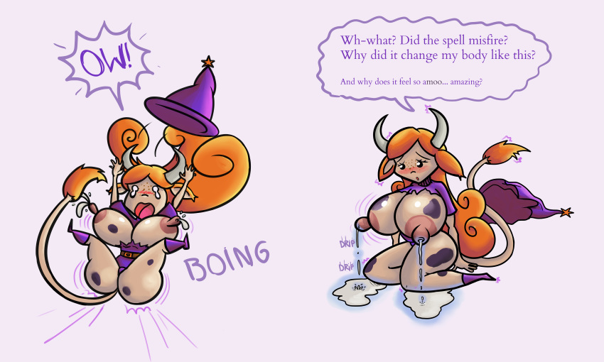 breast_expansion cow_ears cow_girl cow_horns cow_tail lactation red_hair transformation witch