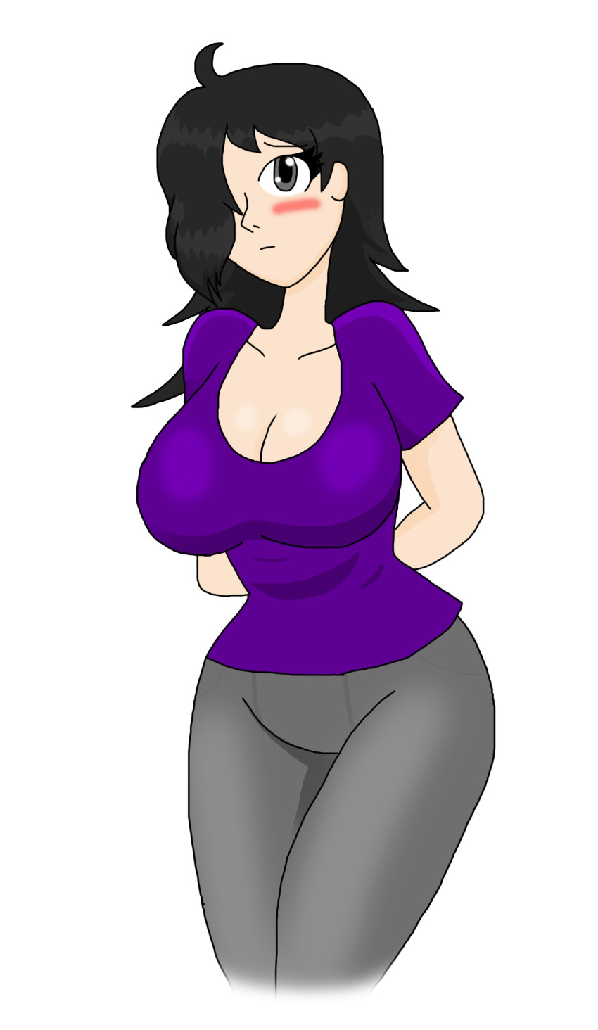 1girl big_breasts black_hair blush breasts cleavage frown grey_eyes hair_over_one_eye hands_behind_back large_breasts long_hair looking_at_viewer original pants shirt simple_background smilesaidboredgirl thick_thighs thighs wide_hips