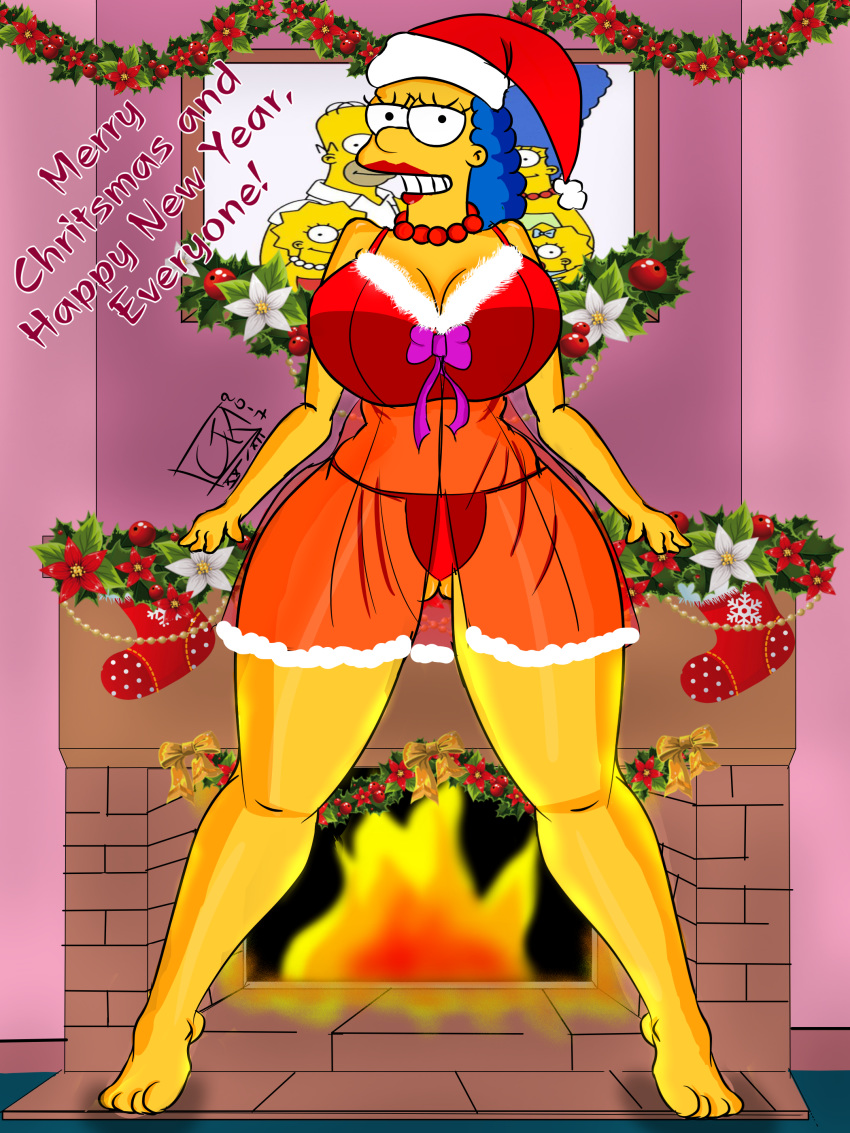 big_breasts bra christmas curvy female lingerie marge_simpson santa_hat see-through the_simpsons thick_thighs thighs thong voluptuous
