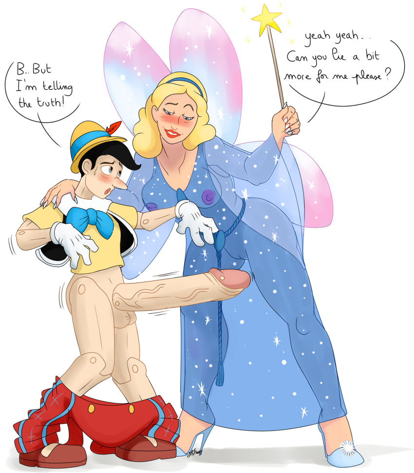 1boy 1girl blonde_hair blue_fairy breasts clothed disney dress english_text erection fairy giant_cock high_heels no_bra no_panties no_underwear penis pinocchio pinocchio_(character) see-through transparent_clothing wand wings