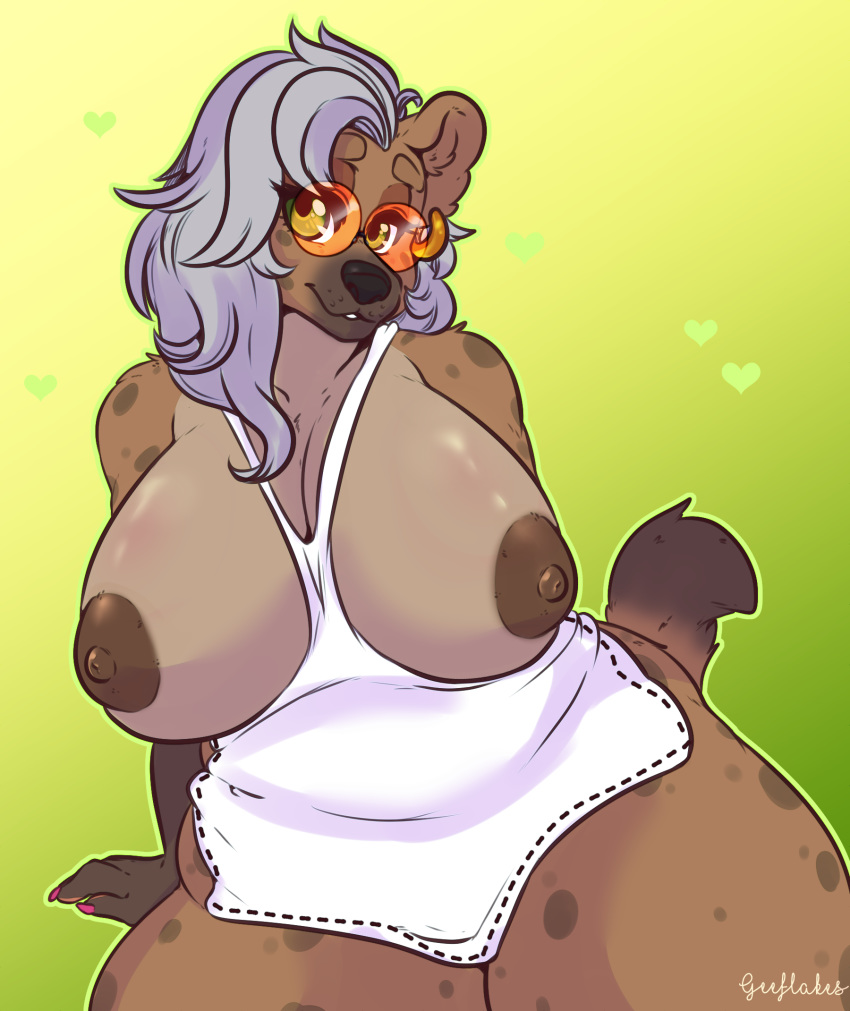 1girl 1girl 2019 anthro apron areola arnachy big_breasts breasts clothing colored_nails digital_media_(artwork) ear_piercing eyelashes eyewear furry gradient_background hair high_res hyena looking_at_viewer mammal nipples piercing signature silver_(ezukapizumu) silver_hair simple_background spotted_hyena sunglasses thick_thighs