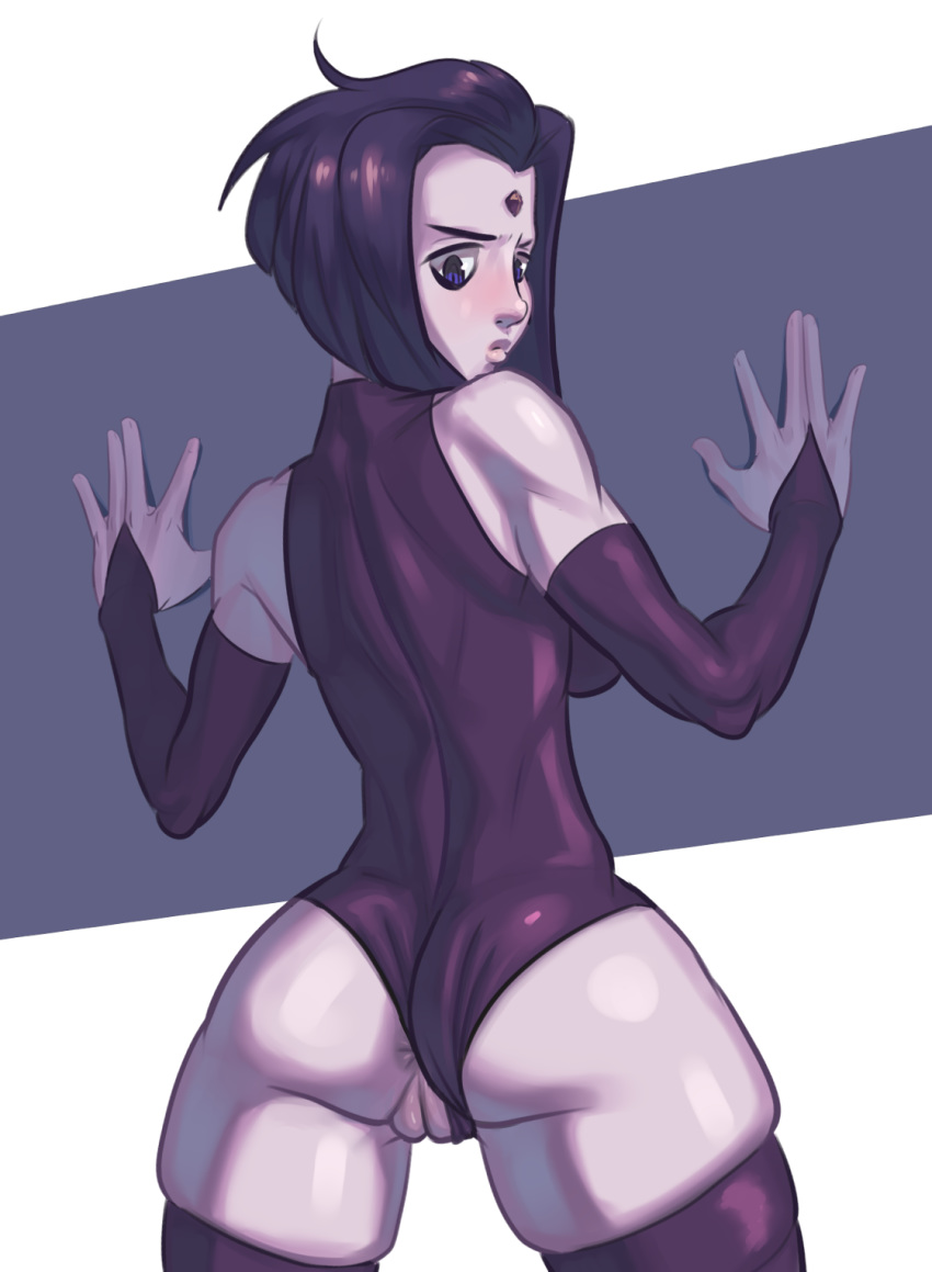 1girl 1girl anus ass back back_muscles back_view big_ass blue_eyes blue_hair blush breasts cartoon_network clothing dc_comics dc_comics leotard leotard_aside long_gloves looking_back looking_down muscle playzholder pussy raven_(dc) stockings teen_titans thick_thighs thighs warner_brothers