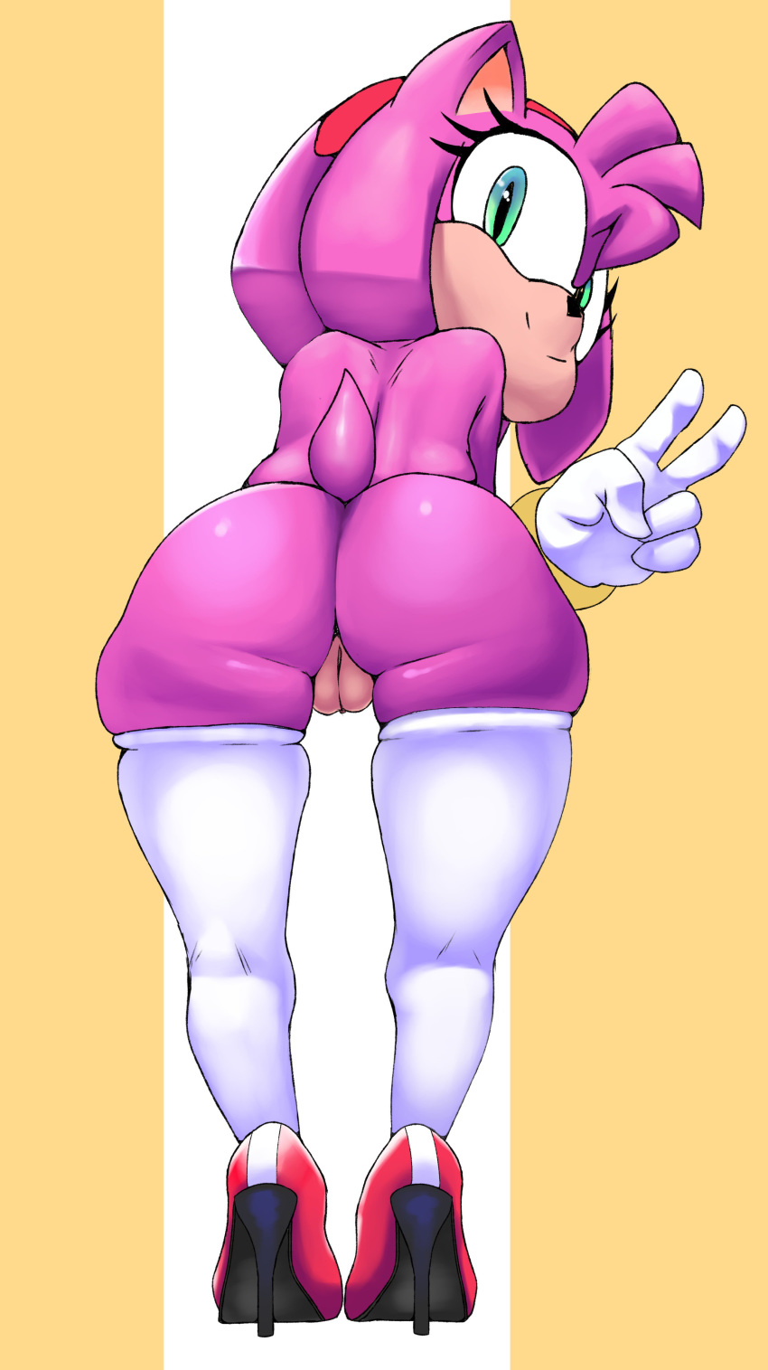 1girl 2018 5_fingers amy_rose animal_ears anthro anthrofied ass big_ass big_butt black_nose bracelets butt cute dat_ass female female_only gloves green_eyes hairband hedgehog heels high_heels looking_at_viewer looking_back mammal mostly_nude pussy revtilian sega sonic sonic_*(series) sonic_the_hedgehog_(series) soubriquetrouge stockings tail thick thick_ass thick_thighs v video_games white_gloves wide_hips