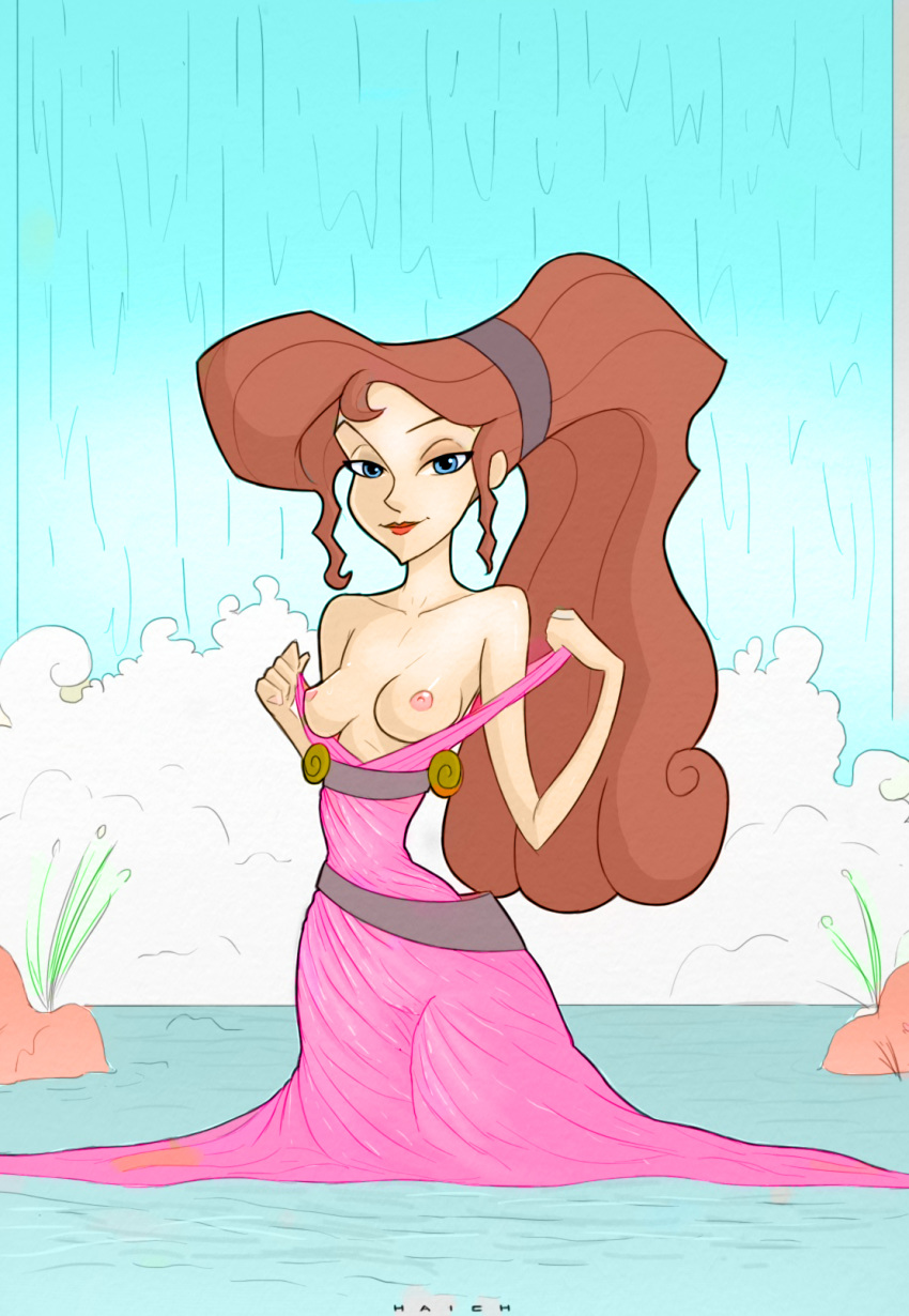1girl breasts clothed disney dress exposed_breasts female haich hercules looking_at_viewer megara no_underwear standing
