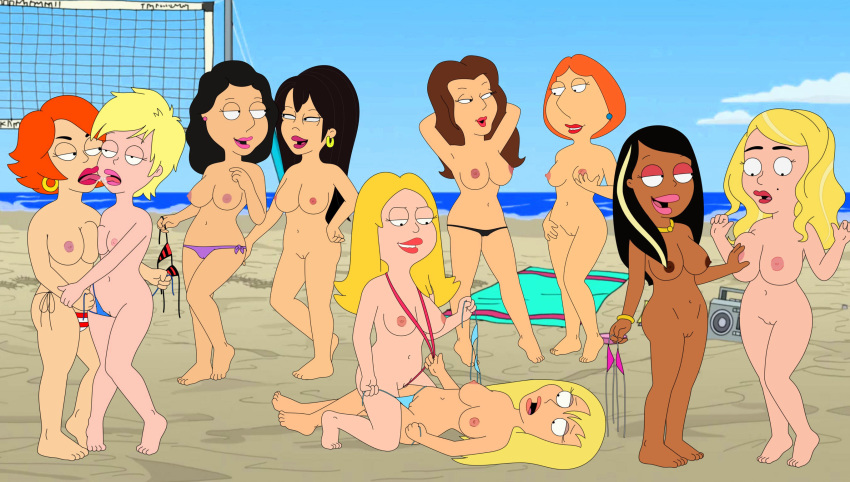 american_dad bonnie_swanson breasts crossover family_guy francine_smith lois_griffin nipples panties shaved_pussy topless yuri