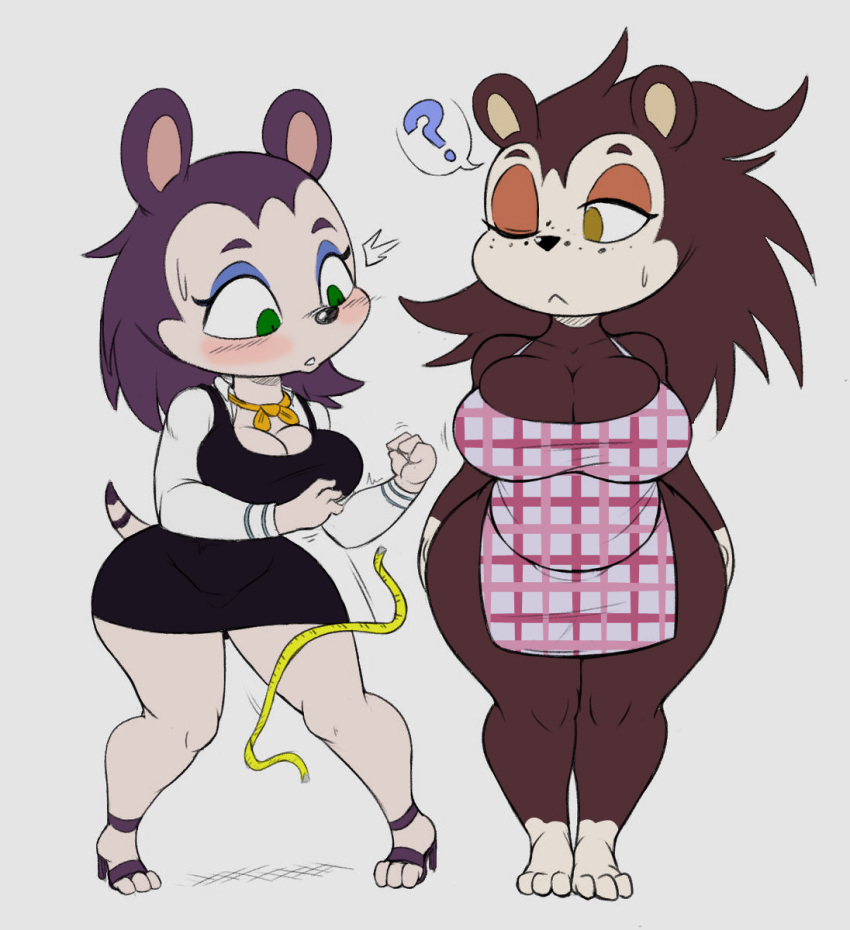 1girl 2018 ? animal_crossing anthro apron big_breasts blush breasts cleavage clothed clothing dress duo eulipotyphlan footwear freckles furry hedgehog high_heels high_res labelle_able mammal neckerchief nintendo one_eye_closed purple_yoshi_draws sable_able shoes short_stack sketch surprise tape_measure video_games