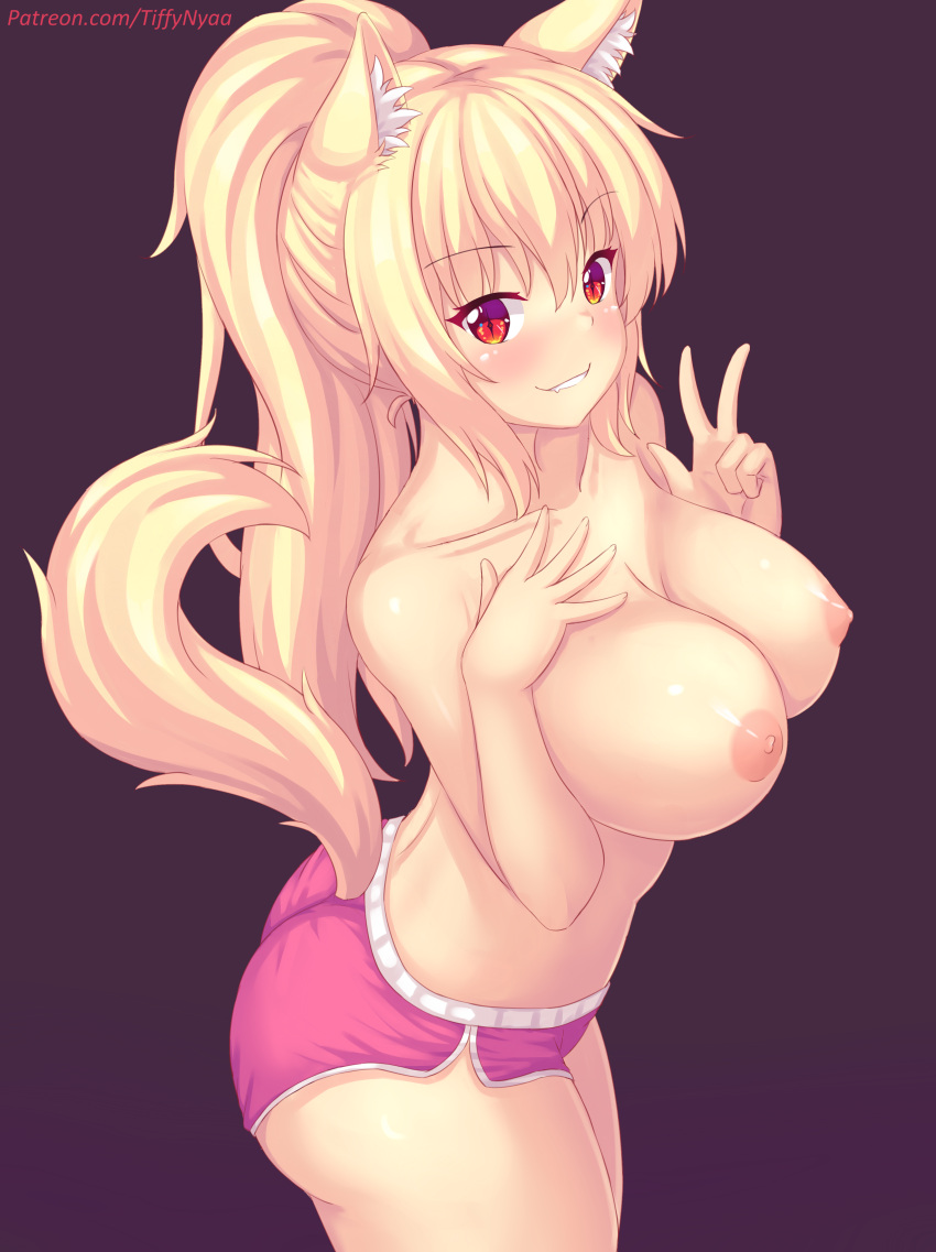 1girl animal_ear_fluff animal_ears ass bangs big_breasts blonde_hair blush breasts cat_tail clavicle erect_nipples es eyebrows_visible_through_hair fang fastrunner2024 female_only high_resolution large_filesize long_hair looking_at_viewer nekomimi nipples no_bra nottytiffy nude original paid_reward parted_lips patreon_reward red_eyes short_shorts shorts slit_pupils smile solo_female stockings tail tank_top tiffy tiffy_(nottytiffy) topless v very_high_resolution watermark web_address