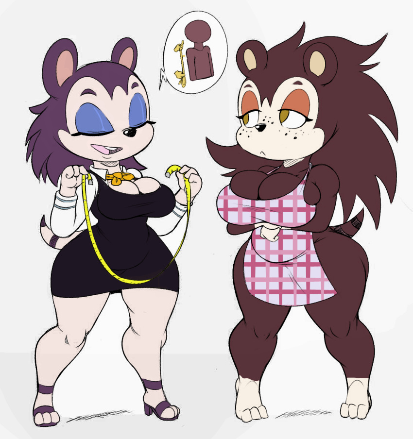 1girl 2018 animal_crossing anthro apron breasts cleavage closed_eyes clothed clothing duo eulipotyphlan furry half-closed_eyes hedgehog high_res labelle_able mammal nintendo purple_yoshi_draws sable_able short_stack sibling sisters tape_measure video_games