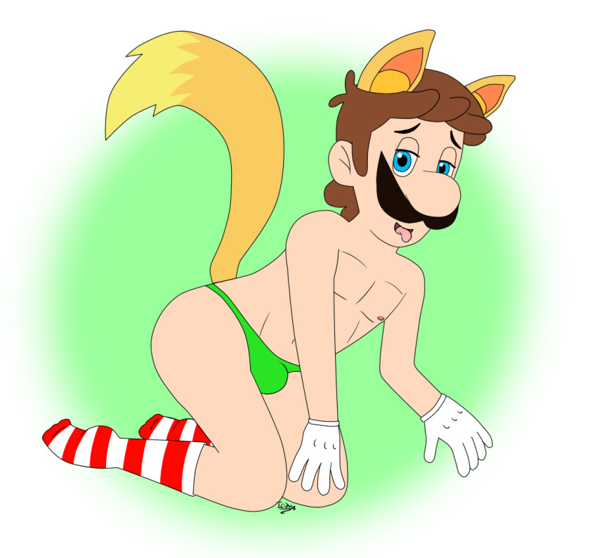 1boy animal_ears animal_tail fox fox_ears fur gloves goves green legwear lugin luigi male male_only mario_(series) non-nude obfeas object red sexy skirt socks super_mario_bros. tail topless topless_male white_gloves