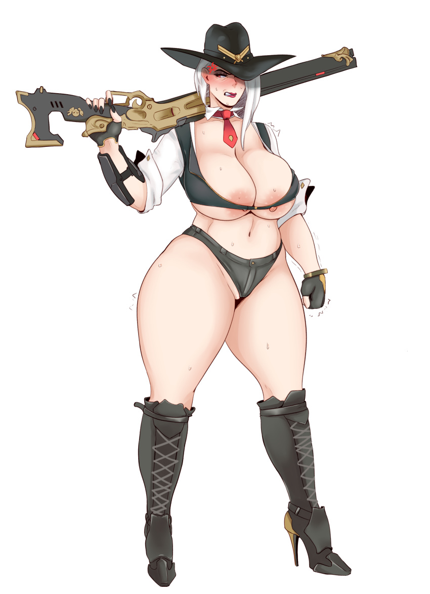 1girl angry annoyed areola areola_slip arm_tattoo ashe_(overwatch) belly big_areola big_breasts big_nipples black_nails blizzard_entertainment blush boots breast_suppress breasts breasts_out_of_clothes bursting_breasts cameltoe cleavage clenched_teeth clothing cowboy_hat crop_top curvaceous curvy denim_shorts embarrassed female_only female_solo fingerless_gloves full_body ghost_nipples gloves gun hair hat heavy_blush heel_boots high_heel_boots high_heels high_res huge_areolae huge_breasts lace-up_boots looking_away midriff nail_polish nipple_slip nipples no_bra overwatch pale_skin piercing pink_areola pubic_hair pussy red_eyes revealing_clothes rifle shoes short_shorts shorts shotgun skimpy standing stiletto_heels sundown sunnysundown sweat sweatdrop tattoo thick_thighs thighs trembling video_games voluptuous weapon white_background white_hair wide_hips