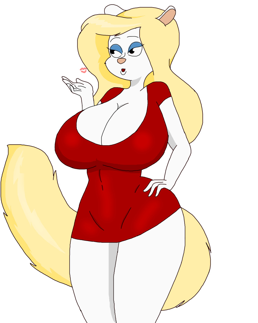 1girl animal_ears anthro big_breasts blonde_hair blown_kiss breasts cleavage dress furry hand_on_hip huge_breasts long_hair mascara minerva_mink red_dress smilesaidboredgirl tail thighs tight_dress transparent_background white_fur wide_hips