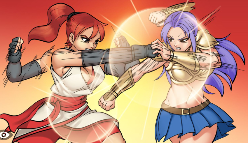 2girls angry armor bare_shoulders belt big_breasts breasts brown_eyes cleavage cunegonde femdom fight fighting gauntlets ginger gloves harem_heroes hentai_heroes huge_breasts kimono mittens non-nude open_mouth ponytail punch punching purple_hair red_battler red_hair redhead shoulder_pads skirt tina_reed yuri