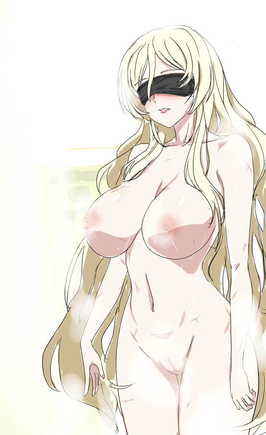 1girl 1girl aizimpjh bangs big_breasts black_blindfold blonde breasts completely_nude fingernails goblin_slayer! high_resolution jewelry long_hair navel necklace nipples nude parted_lips pendant pink_lips pussy scar sidelocks standing steam sword_maiden uncensored_vagina very_high_resolution very_long_hair