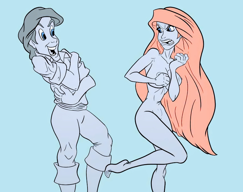 1_male 1girl big_breasts blue_eyes clothed_male_nude_female disney_princess hand_on_breast horny jughead13155 prince_eric princess_ariel red_hair the_little_mermaid