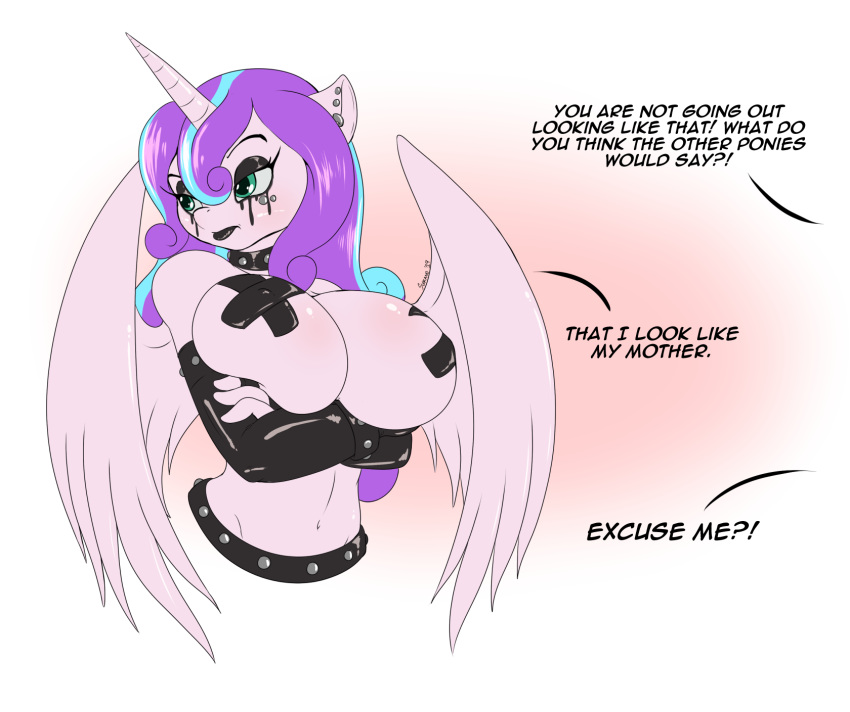 1girl alicorn anthro big_breasts breasts collar dialogue ear_piercing earring equine flurry_heart_(mlp) friendship_is_magic furry horn huge_breasts mammal my_little_pony nipple_bulge pasties piercing running_makeup suirano winged_unicorn wings