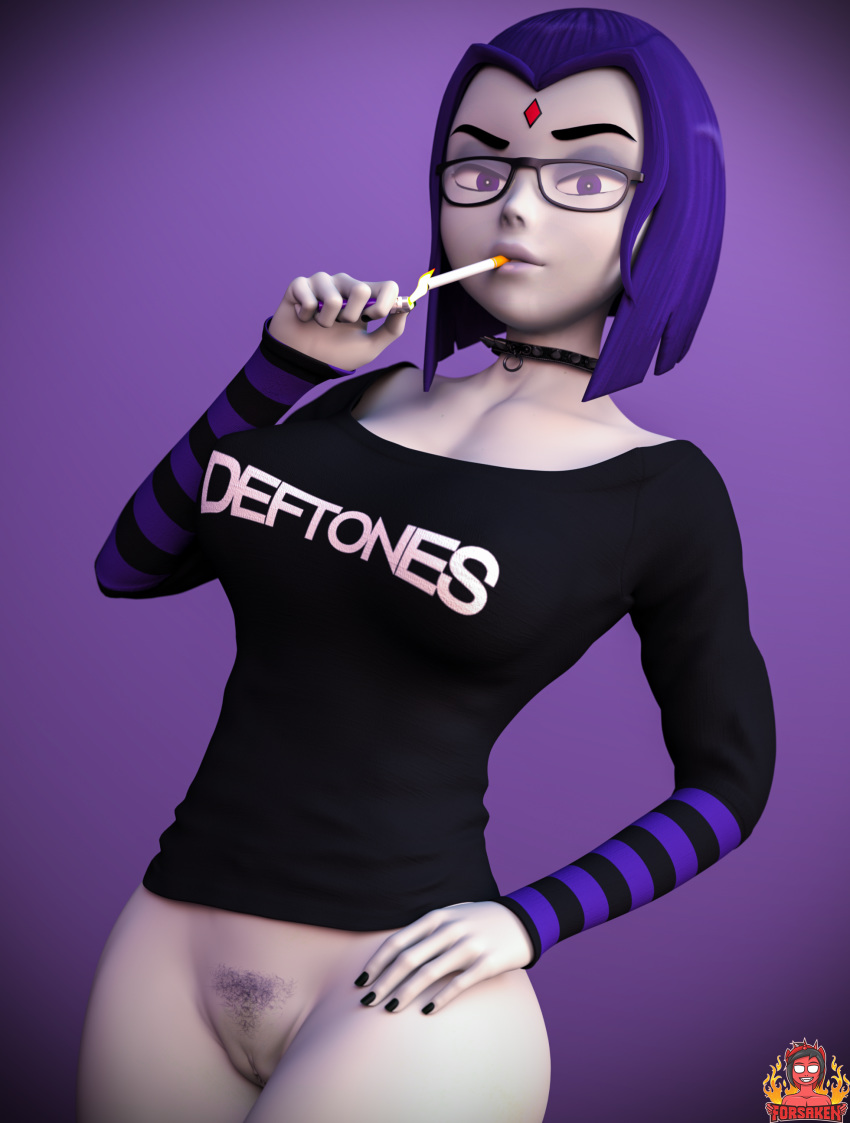 1girl 3d bottomless breasts cigarette cleavage dc_comics female_only forsaken_(artist) glasses goth looking_at_viewer pubic_hair pussy raven_(dc) smoking tagme teen_titans