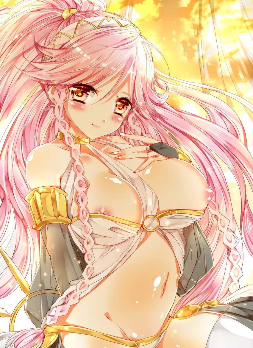 1girl 1girl absurd_res areola areola_slip bad_id bare_shoulders bariko between_breasts big_breasts blush braid breast_slip breasts choker dancer detached_sleeves fire_emblem fire_emblem:_kakusei fuckable groin hair_ornament hairband hand_on_own_chest harem_outfit high_res hot insanely_hot jewelry long_hair looking_at_viewer navel nintendo nipple_slip nipples olivia_(fire_emblem) one_breast_out pink_eyes pink_hair puffy_nipples ring sexy shiny shiny_skin smile twin_braids very_long_hair