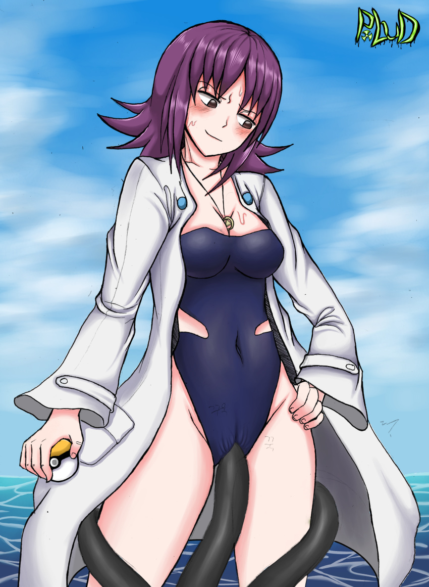 1girl breasts female_human human human/pokemon interspecies labcoat one-piece_swimsuit partially_clothed pokeball pokemon professor_ivy purple_hair sex swimsuit tentacle tentacle_sex vaginal