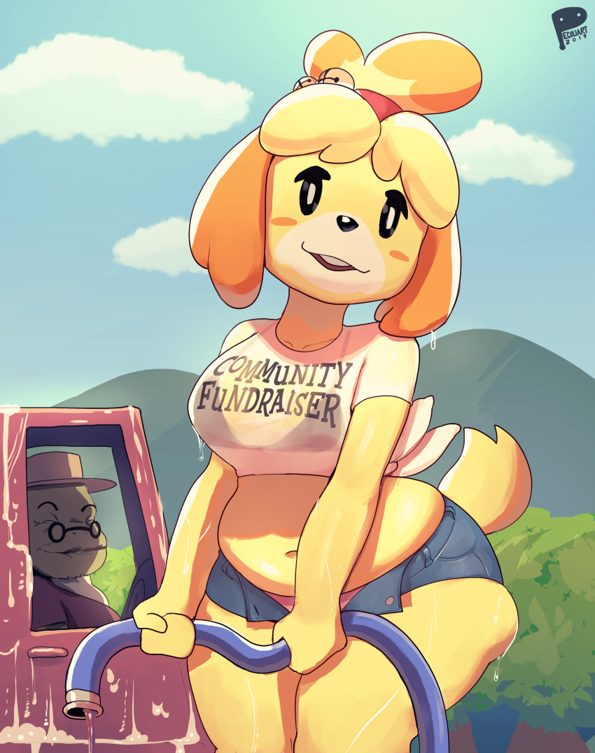 1girl 2019 absurd_res animal_crossing anthro anthrofied belly bra canid canine canis car clothed clothing cloud cutoffs denim_shorts dog duo english_text female_focus fupa furry high_res hose isabelle_(animal_crossing) looking_at_viewer male mammal mature_male nintendo old open_mouth outside peculiart reptile scalie sheer_clothing shih_tzu shirt shorts signature sky slightly_chubby solo_focus text tight_clothing tortimer_(animal_crossing) tortoise translucent transparent_clothing turtle underwear vehicle video_games water wet wet_clothing wet_shirt