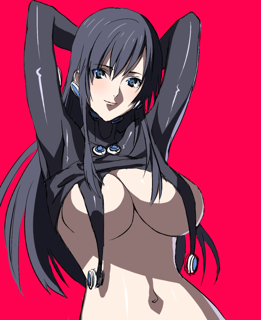 1girl arms_behind_head arms_up bangs big_breasts black_hair blue_eyes bodysuit bodysuit_pull breasts cleavage covered_nipples earrings female female_only gantz hair_between_eyes large_breasts light_smile long_hair looking_at_viewer navel revealing_clothes shimohira_reika shiny_clothes skin_tight solo underboob