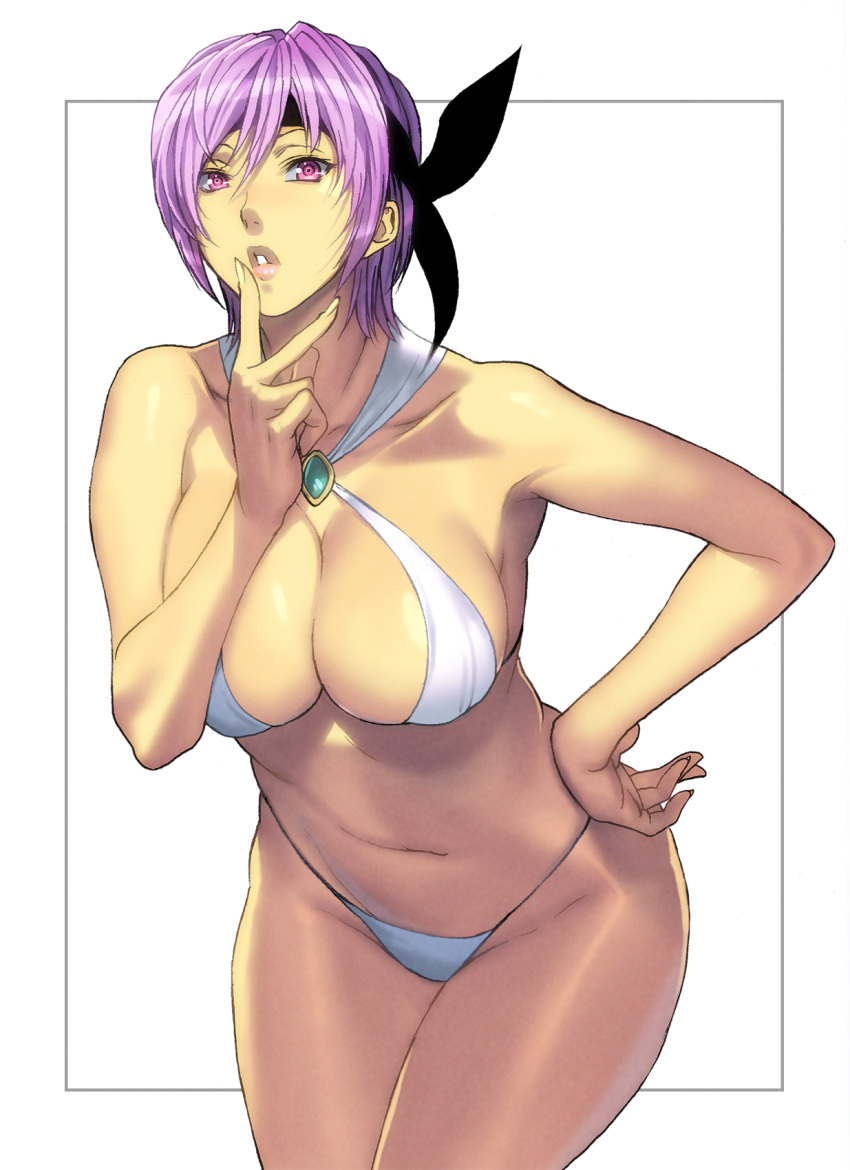 1girl alluring ayane ayane_(doa) bare_shoulders big_breasts bikini bikini_bottom bikini_top breasts dead_or_alive finger_to_mouth hand_on_hip hips homare_(fool's_art) large_breasts leaning_forward legs looking_at_viewer navel purple_eyes purple_hair short_hair simple_background swimsuit tecmo thighs voluptuous white_bikini